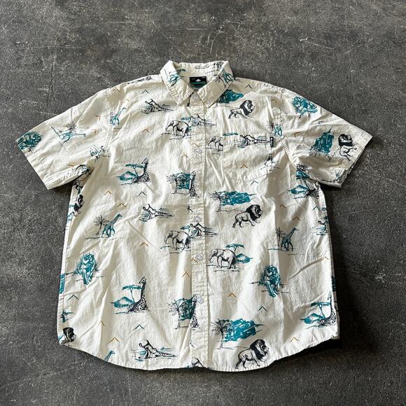 Lifted Research Group LRG Shirt Mens L Tan Safari Giraffes Short Sleeve Button - Picture 1 of 9